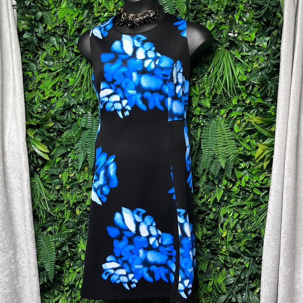 Calvin Klein Dress 18W Black Blue Floral Sleeveless A-Line Sheath Cocktail 4166